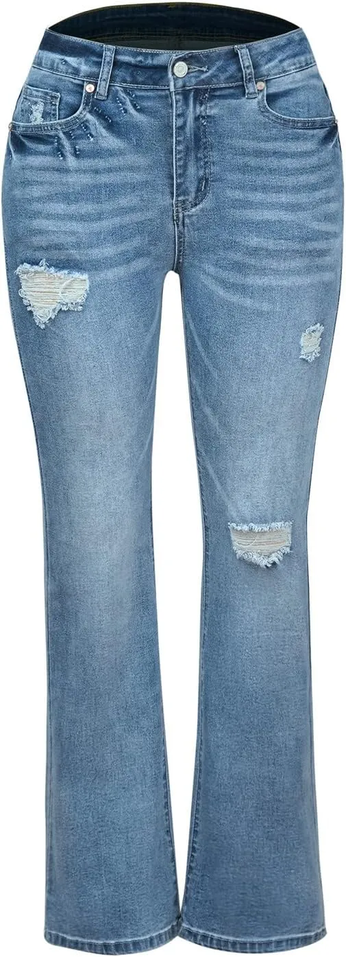 Women's Ripped High Waisted Flared Jeans Wide Leg Distressed Denim Pants Loose Fit Destroyed Trousers with Pockets