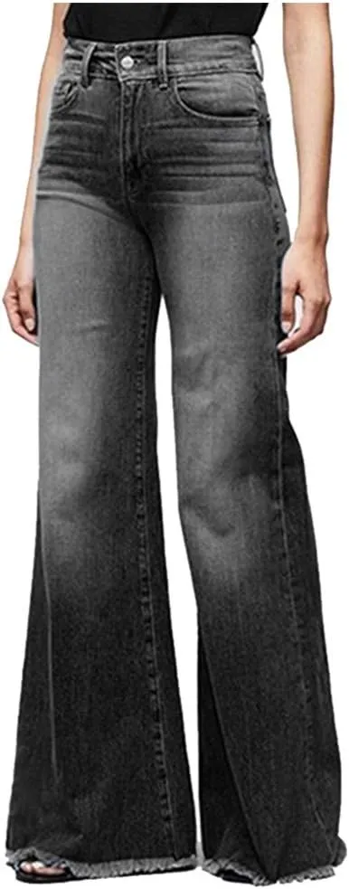 Women's Ripped High Waisted Flared Jeans Wide Leg Distressed Denim Pants Loose Fit Destroyed Trousers with Pockets