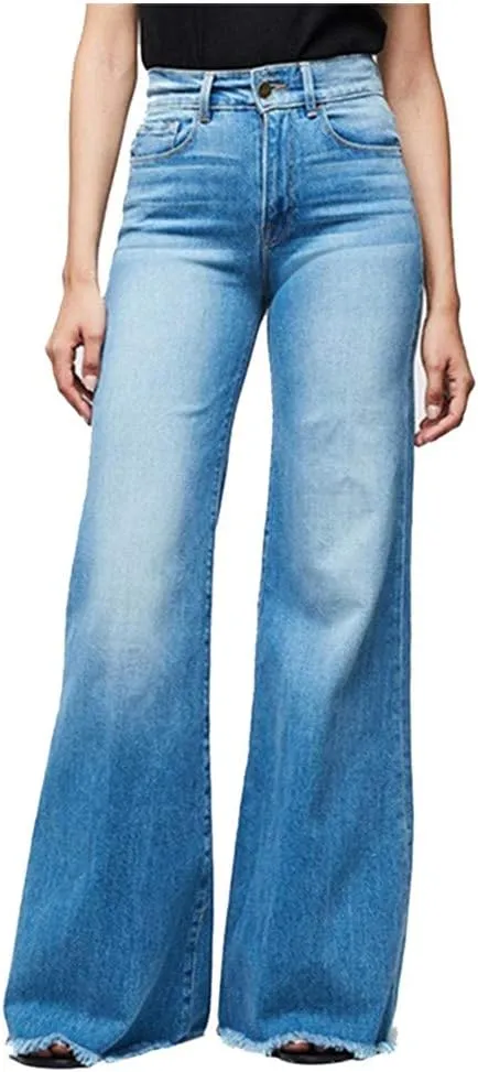 Women's Ripped High Waisted Flared Jeans Wide Leg Distressed Denim Pants Loose Fit Destroyed Trousers with Pockets