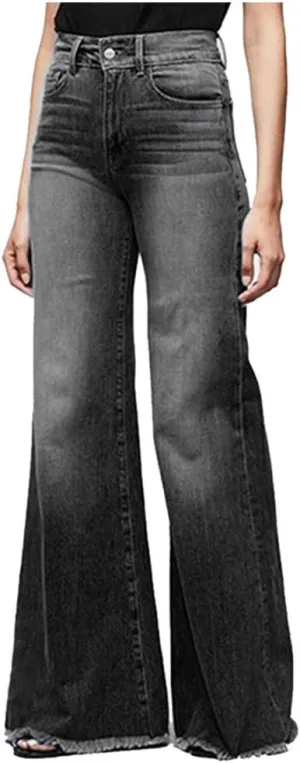 Women's Ripped High Waisted Flared Jeans Wide Leg Distressed Denim Pants Loose Fit Destroyed Trousers with Pockets