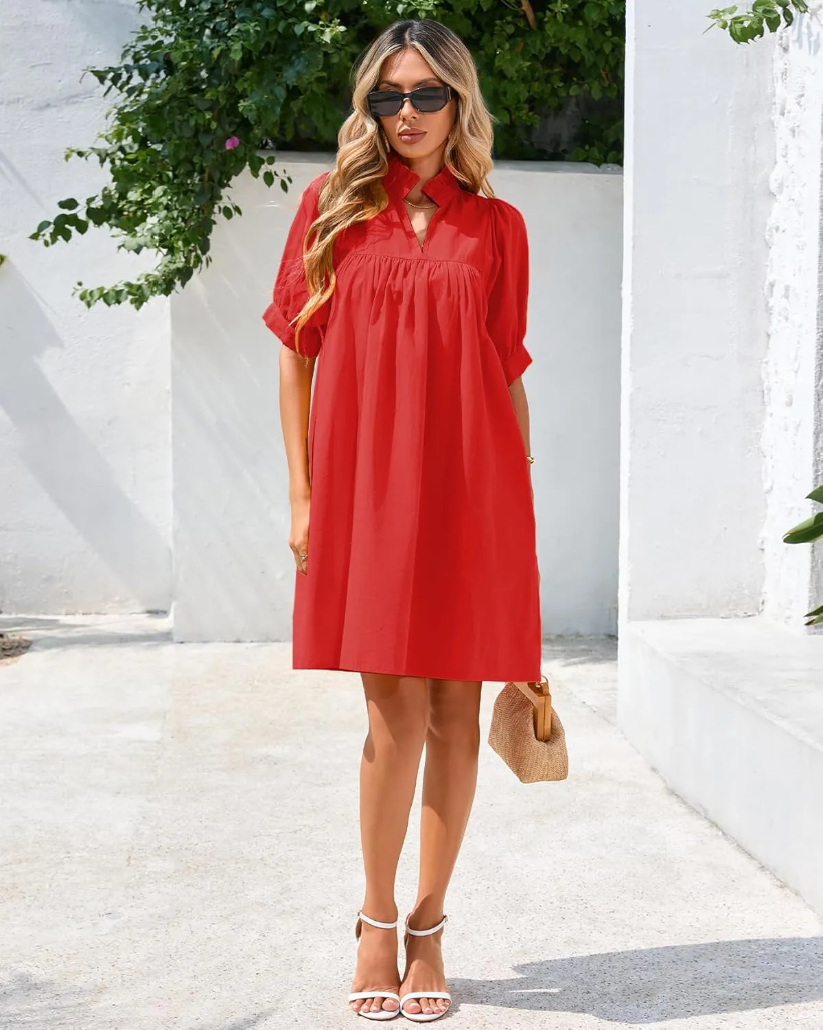 Women's Ruffle Collar High Neck Dress Puff Short Sleeve Cotton Mini Dress with Pockets for Summer Vacation