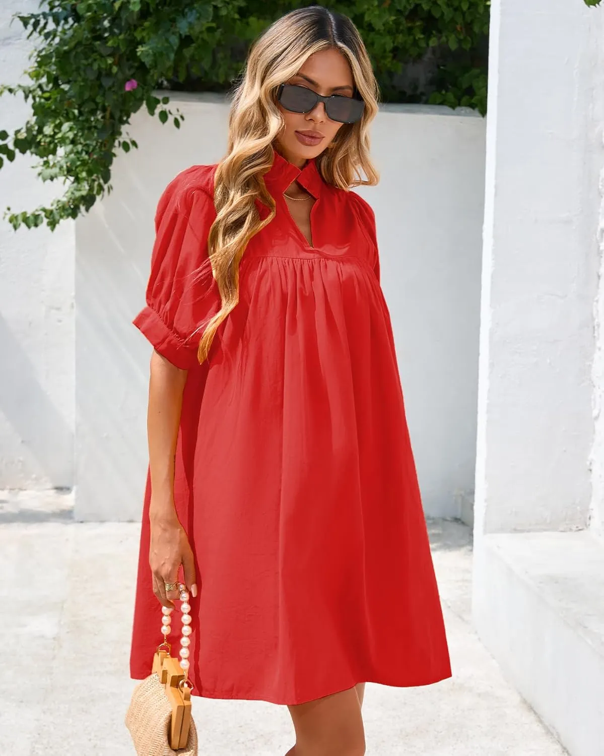 Women's Ruffle Collar High Neck Dress Puff Short Sleeve Cotton Mini Dress with Pockets for Summer Vacation