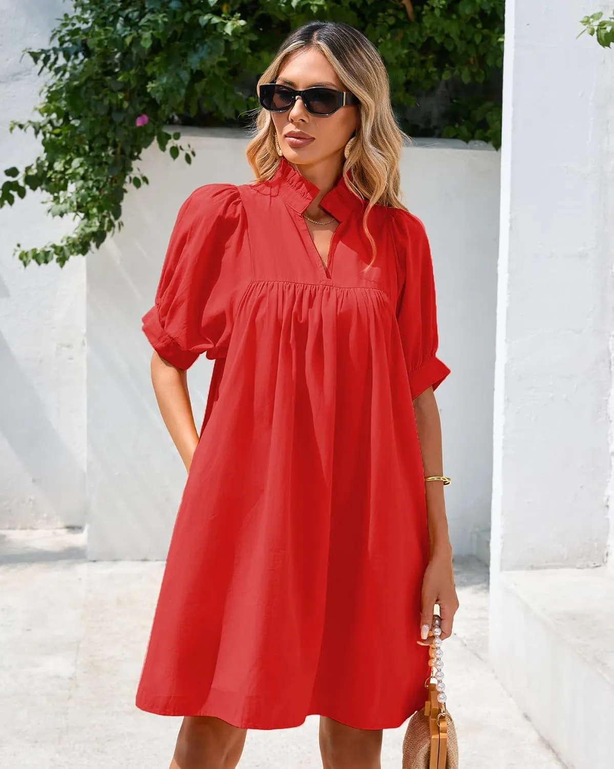 Women's Ruffle Collar High Neck Dress Puff Short Sleeve Cotton Mini Dress with Pockets for Summer Vacation