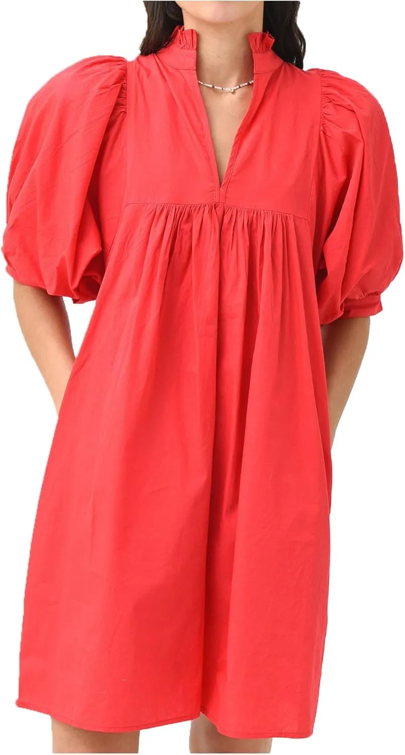 Women's Ruffle Collar High Neck Dress Puff Short Sleeve Cotton Mini Dress with Pockets for Summer Vacation