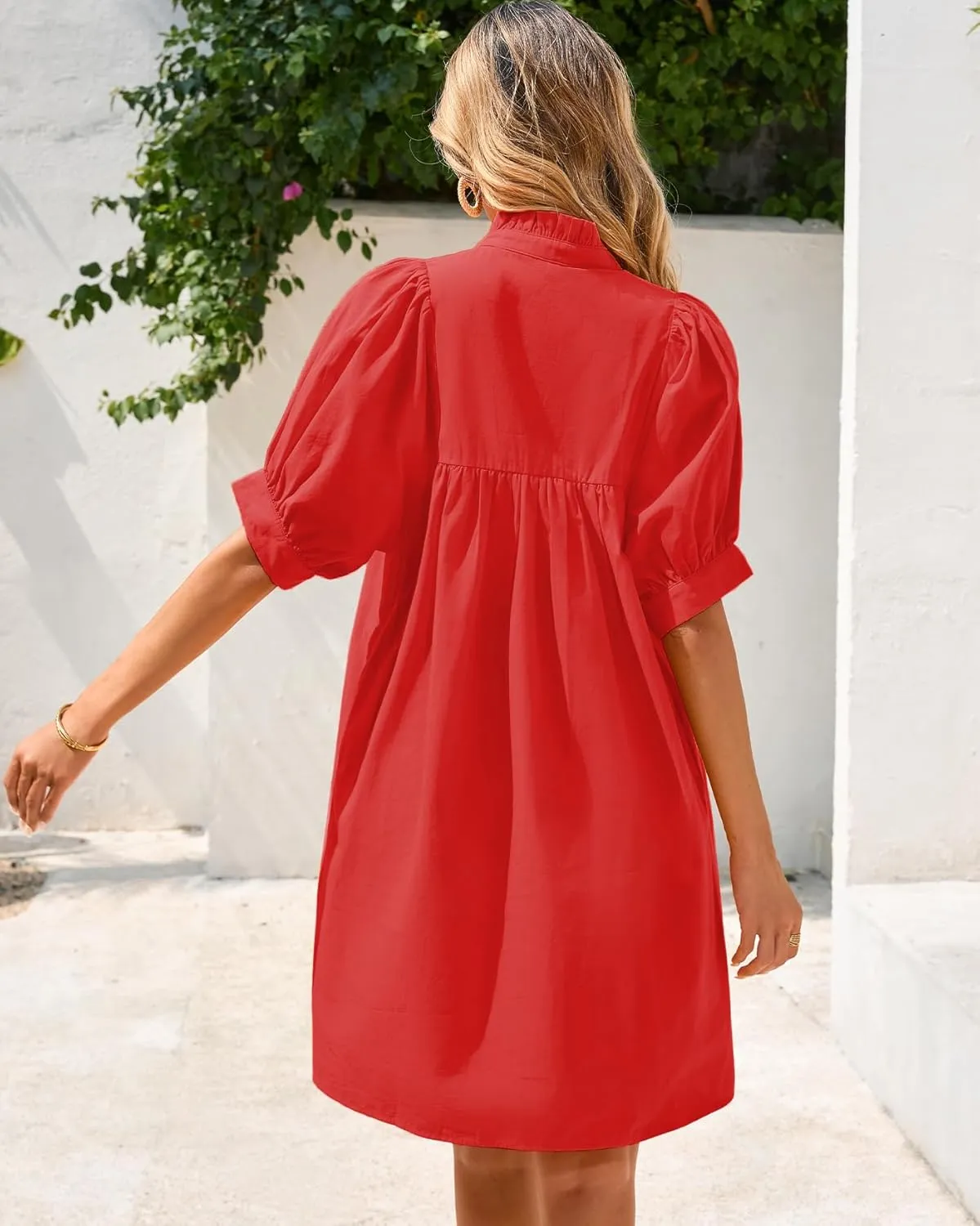 Women's Ruffle Collar High Neck Dress Puff Short Sleeve Cotton Mini Dress with Pockets for Summer Vacation