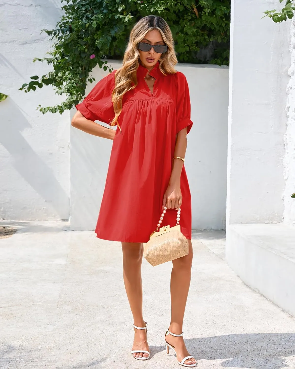 Women's Ruffle Collar High Neck Dress Puff Short Sleeve Cotton Mini Dress with Pockets for Summer Vacation