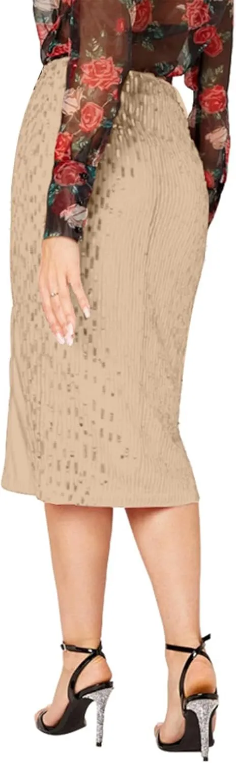Women's Sequin Skirt High Waist Side Split Sparkly Glitter Pencil Midi Skirts Sexy Elegant Cocktail Party Skirt