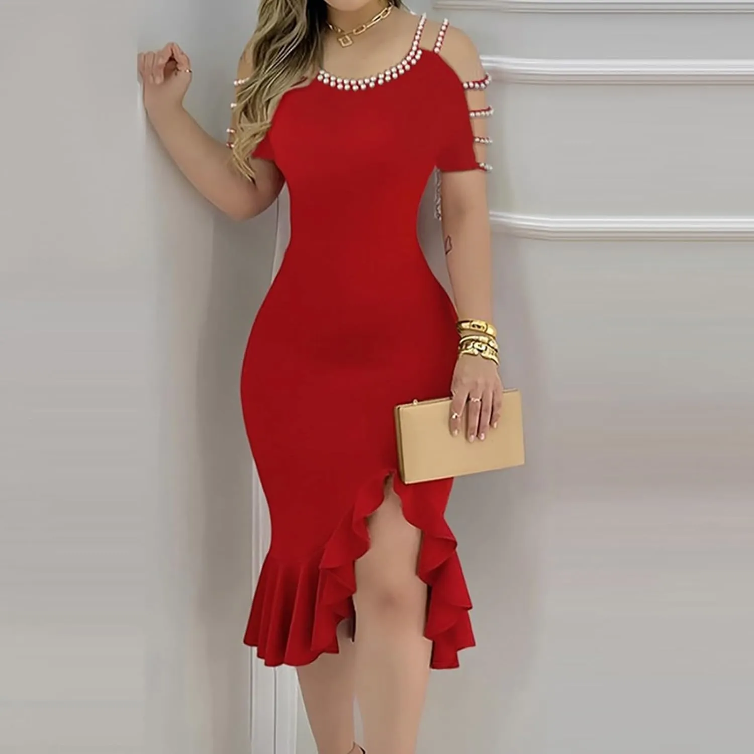 Women's Sexy Off Shoulder Bodycon Elegant Crew Neck Midi Formal Dresses Irregular Ruffle Hem Cocktail Party Dress