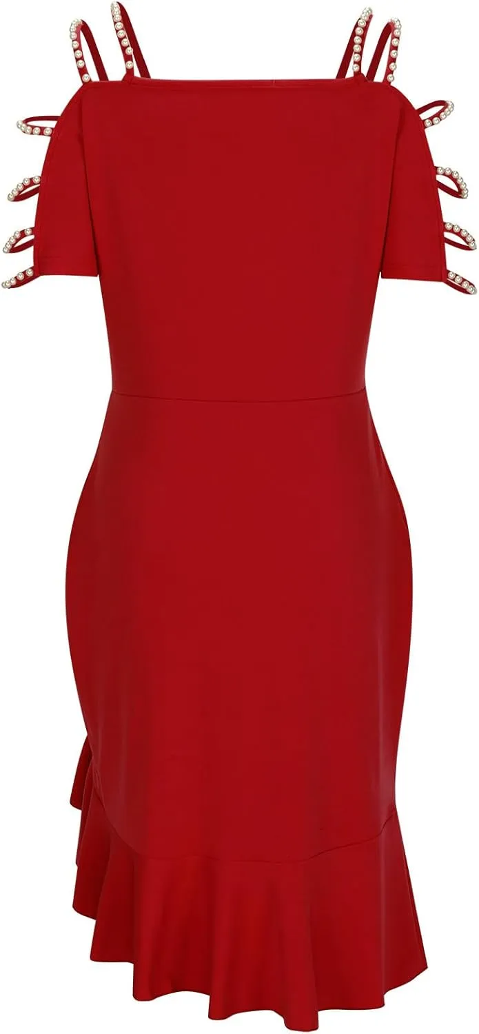Women's Sexy Off Shoulder Bodycon Elegant Crew Neck Midi Formal Dresses Irregular Ruffle Hem Cocktail Party Dress