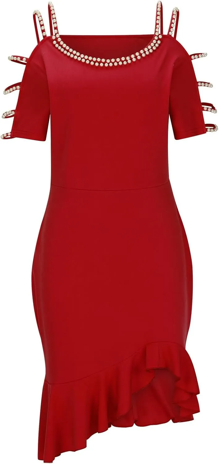 Women's Sexy Off Shoulder Bodycon Elegant Crew Neck Midi Formal Dresses Irregular Ruffle Hem Cocktail Party Dress