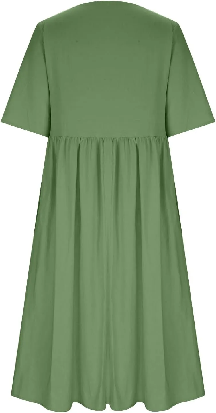 Womens Short Sleeve Casual Midi Dresses Cute Flower Graphic Print Sun Dresses Casual Loose Beach Dress with Pockets