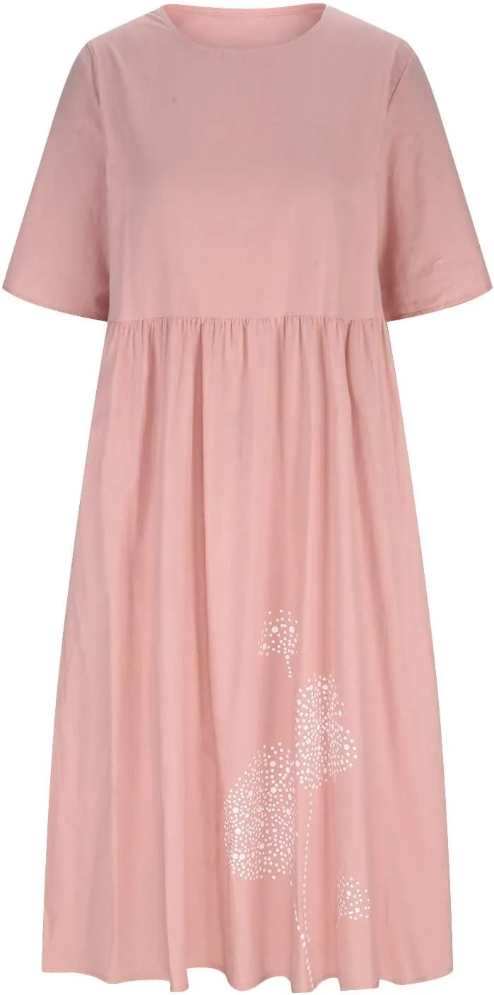 Womens Short Sleeve Casual Midi Dresses Cute Flower Graphic Print Sun Dresses Casual Loose Beach Dress with Pockets