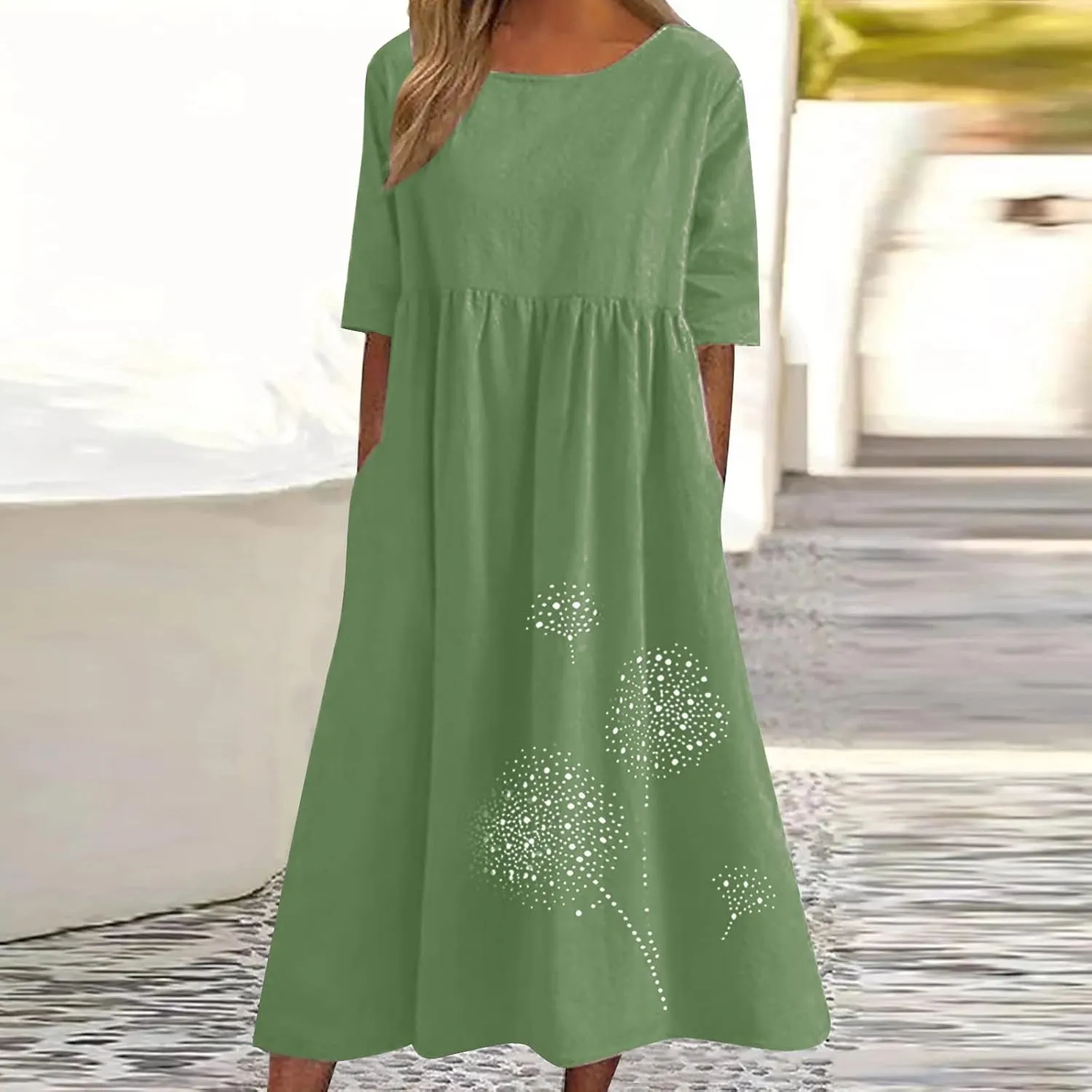 Womens Short Sleeve Casual Midi Dresses Cute Flower Graphic Print Sun Dresses Casual Loose Beach Dress with Pockets