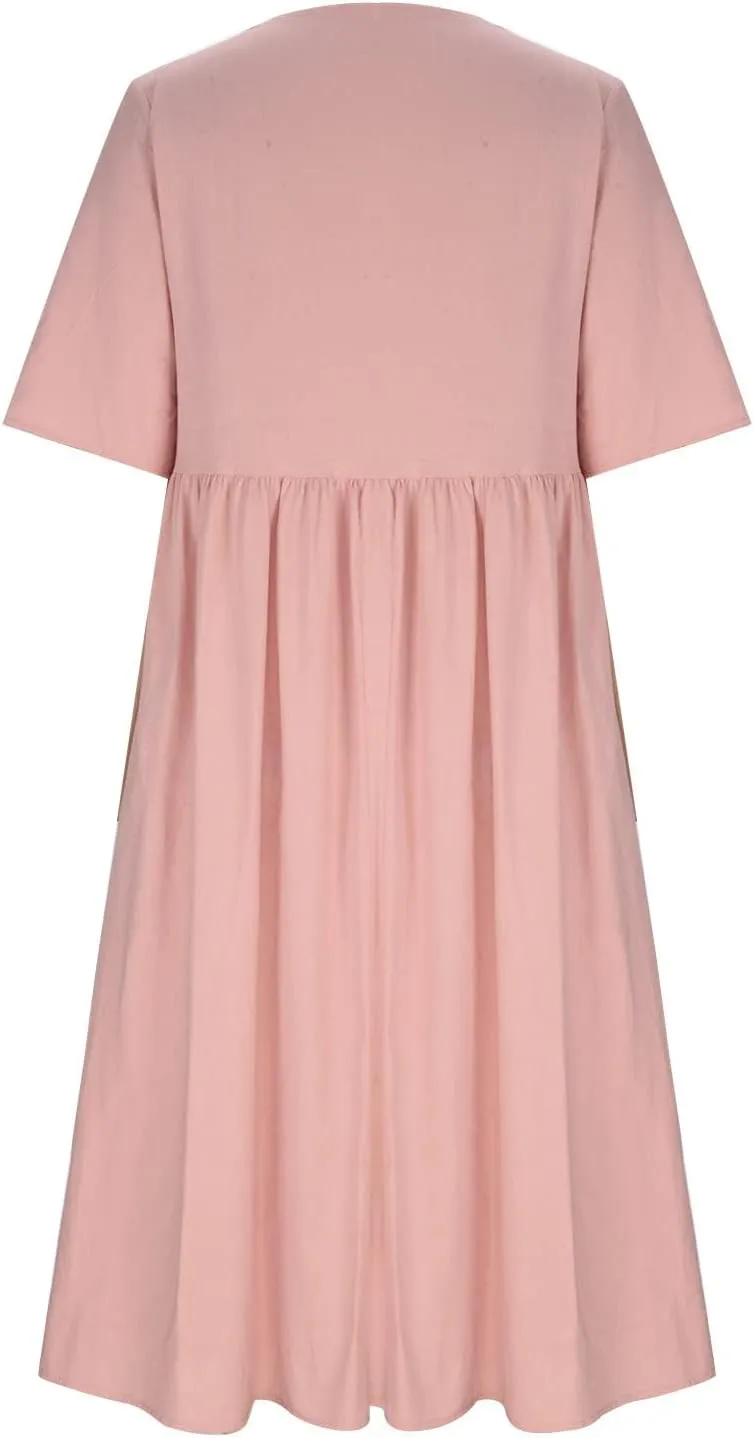 Womens Short Sleeve Casual Midi Dresses Cute Flower Graphic Print Sun Dresses Casual Loose Beach Dress with Pockets