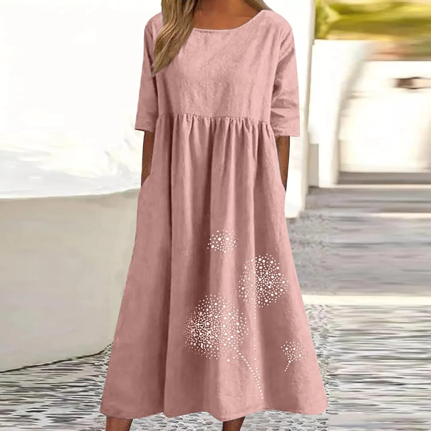 Womens Short Sleeve Casual Midi Dresses Cute Flower Graphic Print Sun Dresses Casual Loose Beach Dress with Pockets