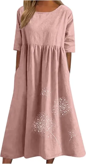 Womens Short Sleeve Casual Midi Dresses Cute Flower Graphic Print Sun Dresses Casual Loose Beach Dress with Pockets