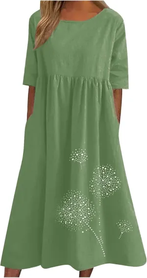 Womens Short Sleeve Casual Midi Dresses Cute Flower Graphic Print Sun Dresses Casual Loose Beach Dress with Pockets