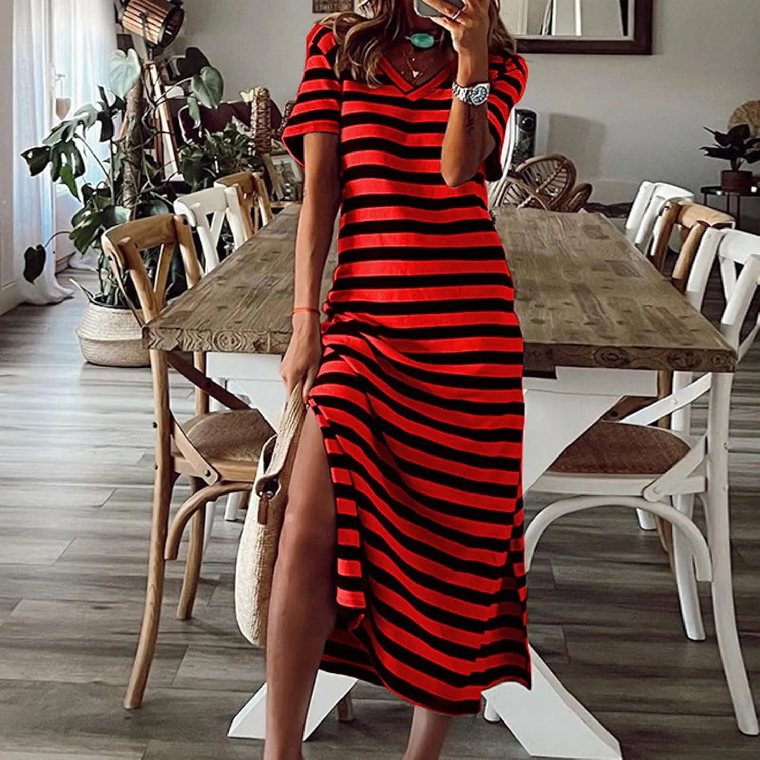 Womens Short Sleeve Maxi Dress V Neck Striped T Shirt Dresses Color Block Long Dress Split Summer Beach Sundress