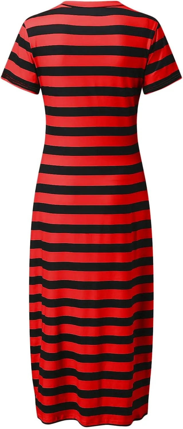 Womens Short Sleeve Maxi Dress V Neck Striped T Shirt Dresses Color Block Long Dress Split Summer Beach Sundress