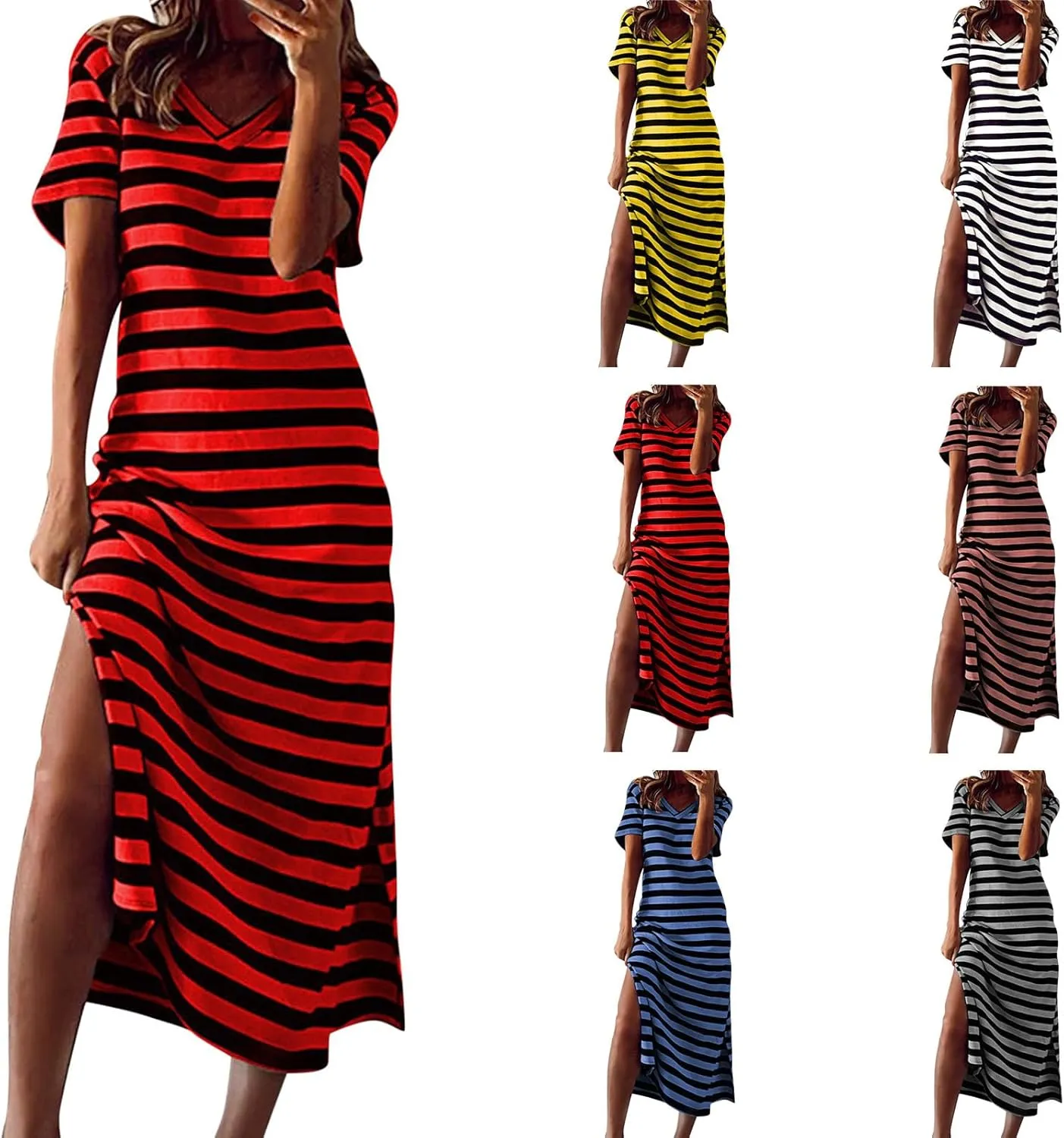 Womens Short Sleeve Maxi Dress V Neck Striped T Shirt Dresses Color Block Long Dress Split Summer Beach Sundress