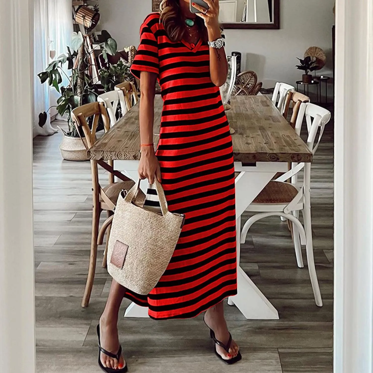Womens Short Sleeve Maxi Dress V Neck Striped T Shirt Dresses Color Block Long Dress Split Summer Beach Sundress