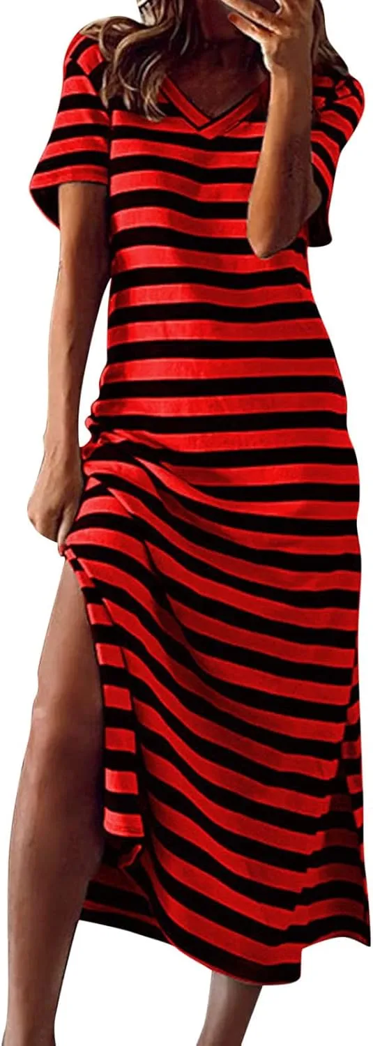 Womens Short Sleeve Maxi Dress V Neck Striped T Shirt Dresses Color Block Long Dress Split Summer Beach Sundress