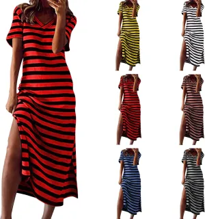 Womens Short Sleeve Maxi Dress V Neck Striped T Shirt Dresses Color Block Long Dress Split Summer Beach Sundress