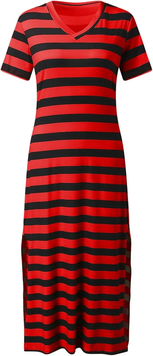 Womens Short Sleeve Maxi Dress V Neck Striped T Shirt Dresses Color Block Long Dress Split Summer Beach Sundress