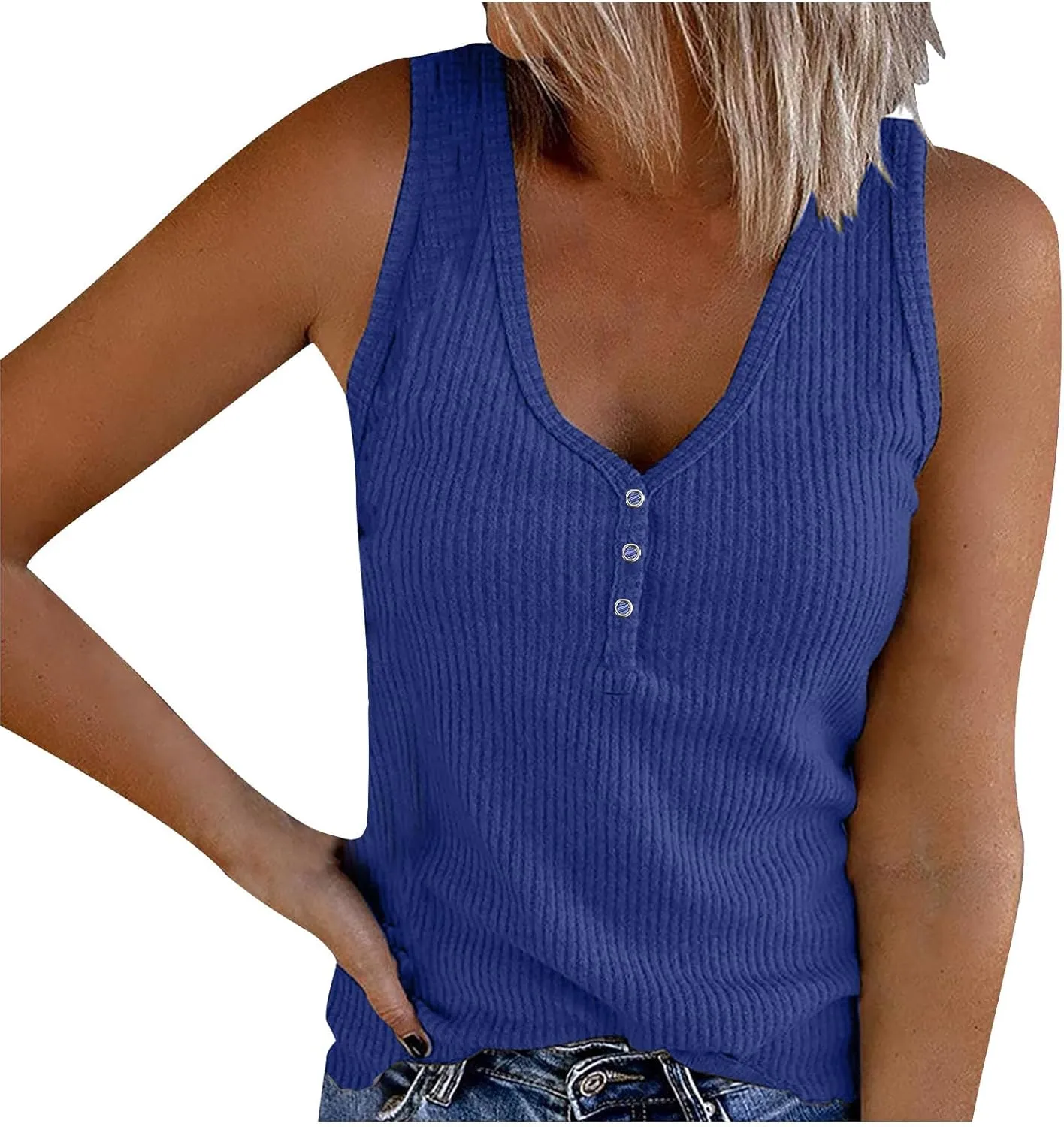 Women's Sleeveless Henley Shirts Ribbed Tank Tops V Neck Button Down Tshirt Summer Casual Tee Blouse