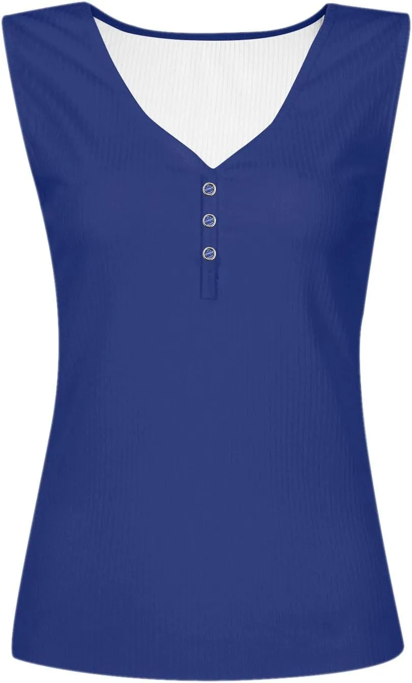 Women's Sleeveless Henley Shirts Ribbed Tank Tops V Neck Button Down Tshirt Summer Casual Tee Blouse