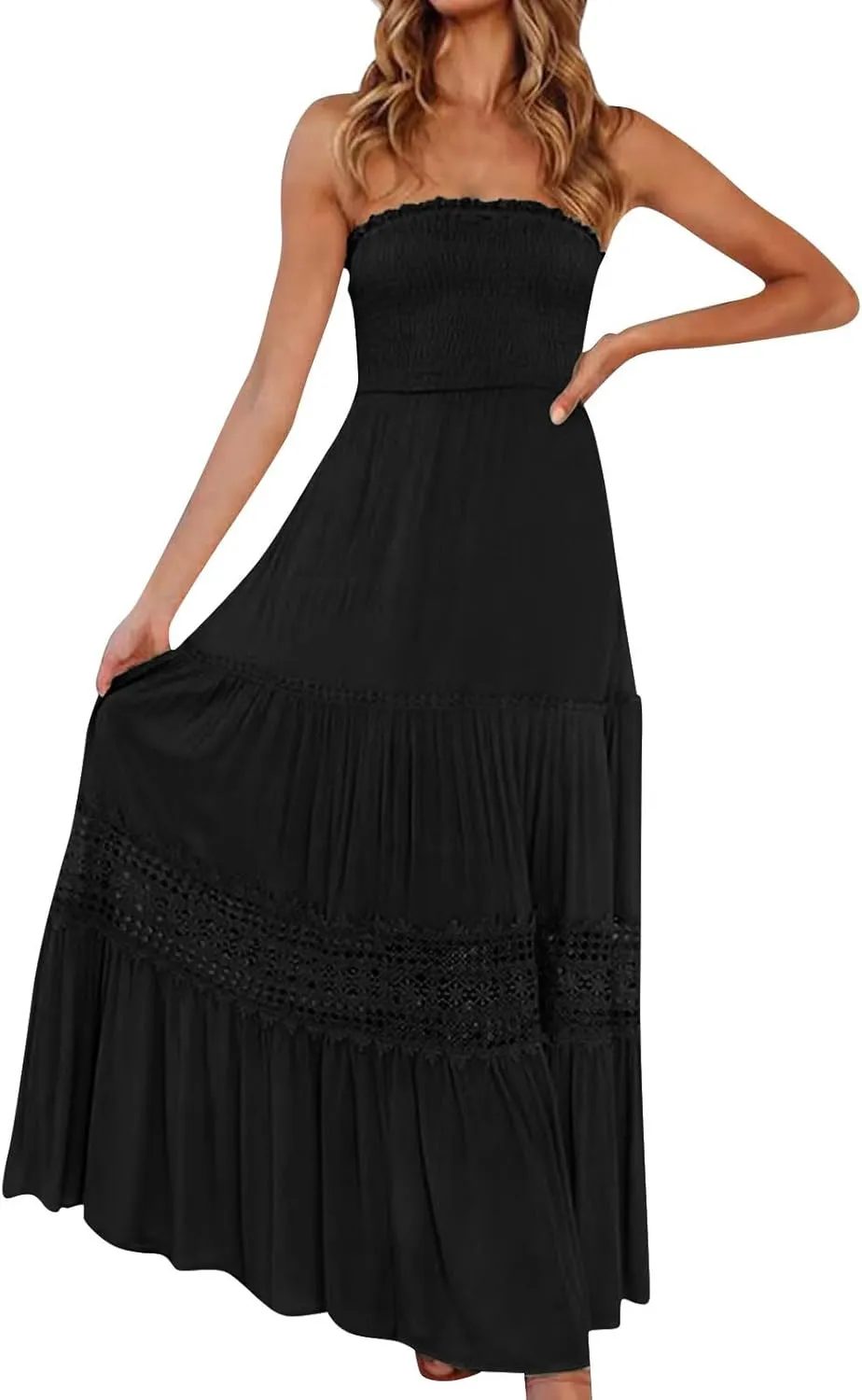 Women's Summer Bohemian Strapless Off Shoulder Lace Trim Backless Flowy A Line Beach Long Maxi Dress Sundresses