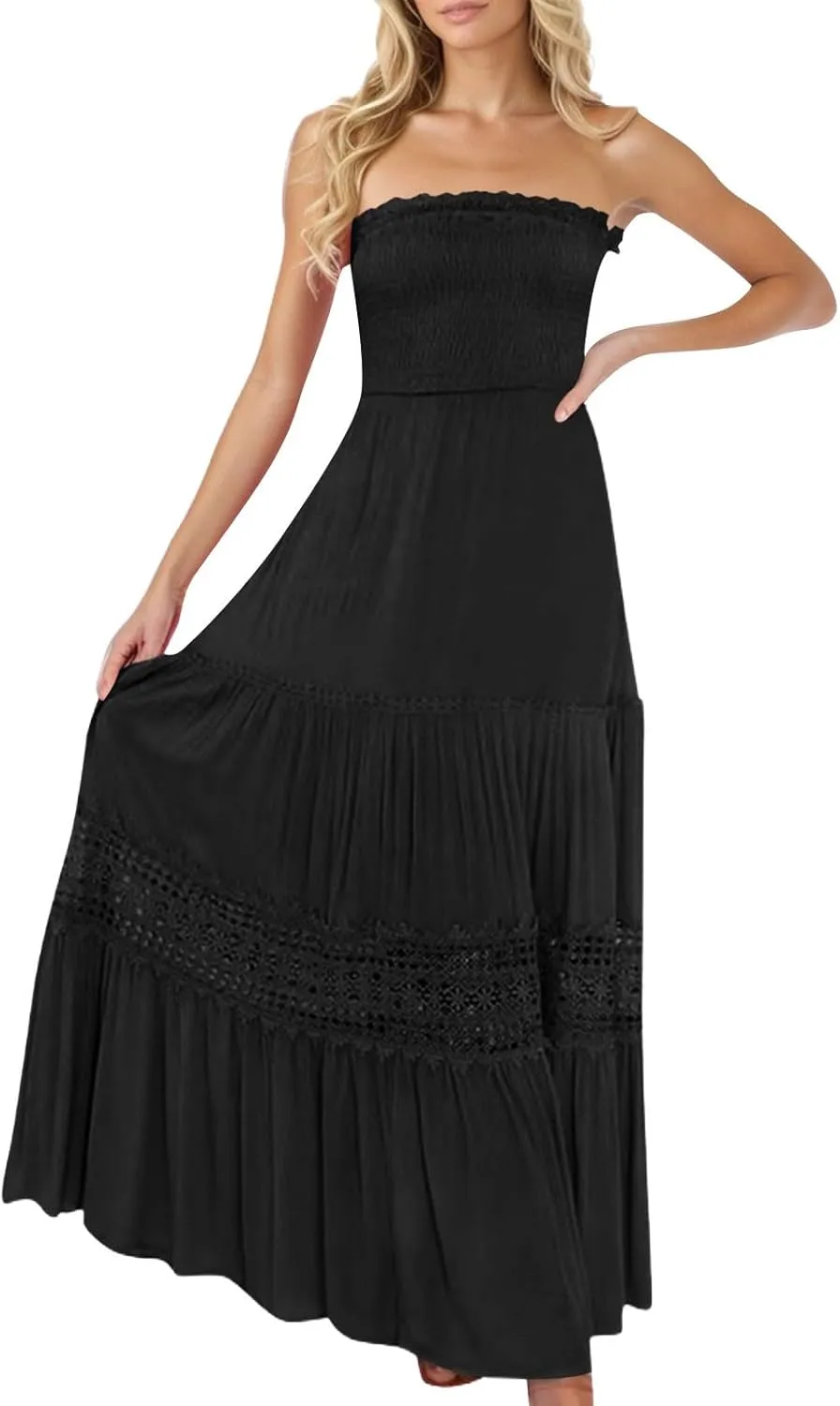 Women's Summer Bohemian Strapless Off Shoulder Lace Trim Backless Flowy A Line Beach Long Maxi Dress Sundresses