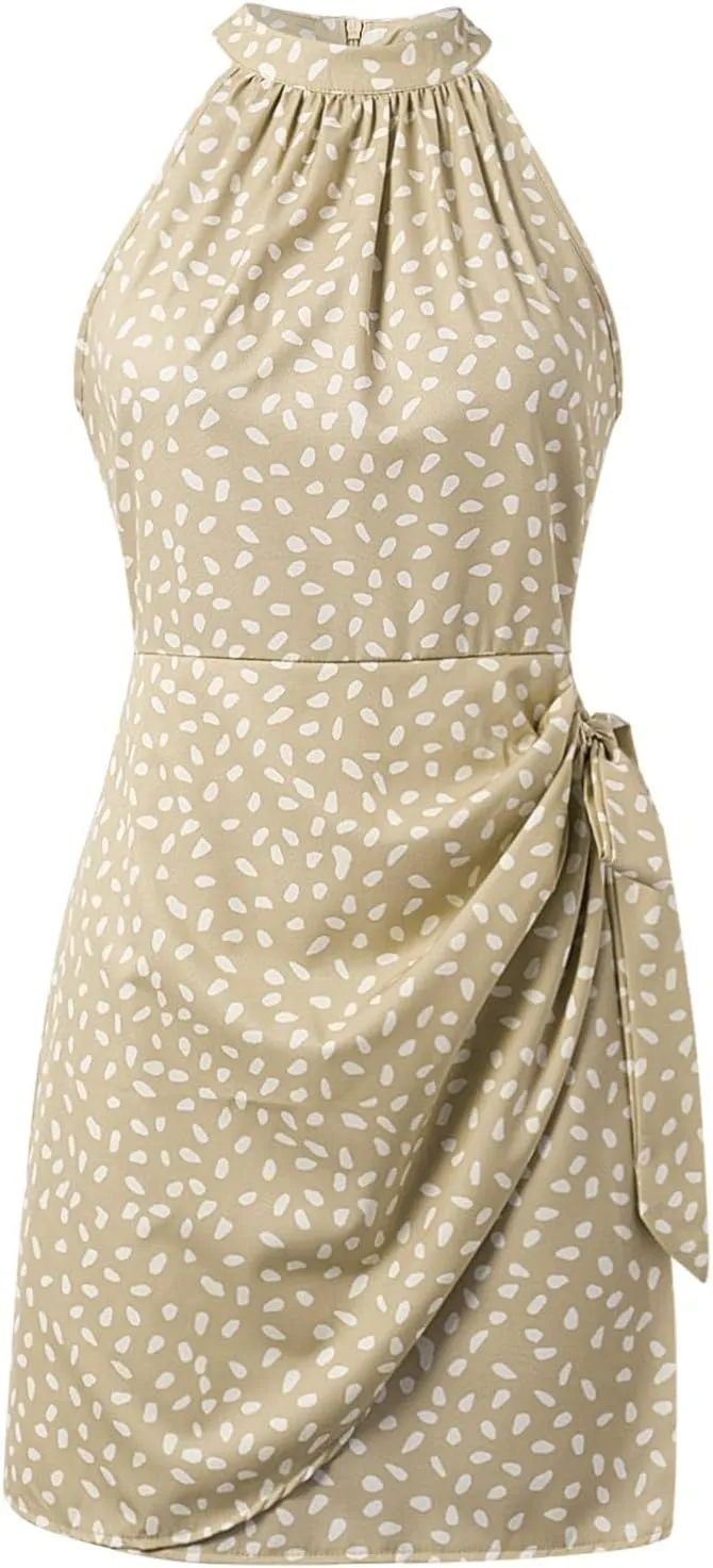 Women's Summer Casual Sundress Halter Neck Floral Summer Tie Waist Casual Dress Zipper Back Vacation Beach Dresses