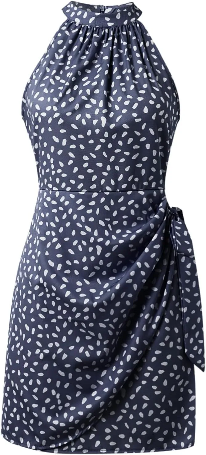 Women's Summer Casual Sundress Halter Neck Floral Summer Tie Waist Casual Dress Zipper Back Vacation Beach Dresses