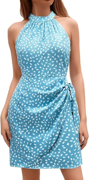 Women's Summer Casual Sundress Halter Neck Floral Summer Tie Waist Casual Dress Zipper Back Vacation Beach Dresses