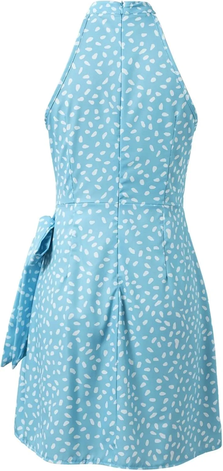 Women's Summer Casual Sundress Halter Neck Floral Summer Tie Waist Casual Dress Zipper Back Vacation Beach Dresses