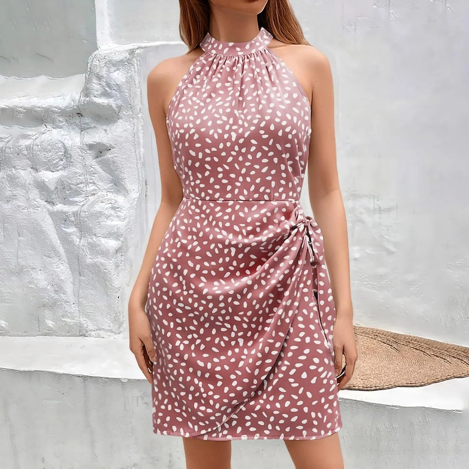 Women's Summer Casual Sundress Halter Neck Floral Summer Tie Waist Casual Dress Zipper Back Vacation Beach Dresses
