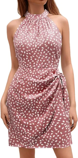 Women's Summer Casual Sundress Halter Neck Floral Summer Tie Waist Casual Dress Zipper Back Vacation Beach Dresses