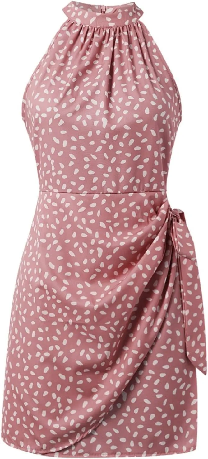 Women's Summer Casual Sundress Halter Neck Floral Summer Tie Waist Casual Dress Zipper Back Vacation Beach Dresses