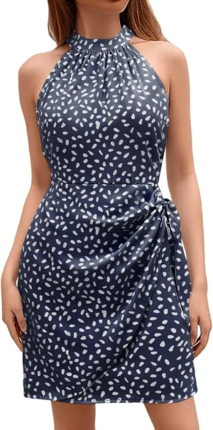 Women's Summer Casual Sundress Halter Neck Floral Summer Tie Waist Casual Dress Zipper Back Vacation Beach Dresses