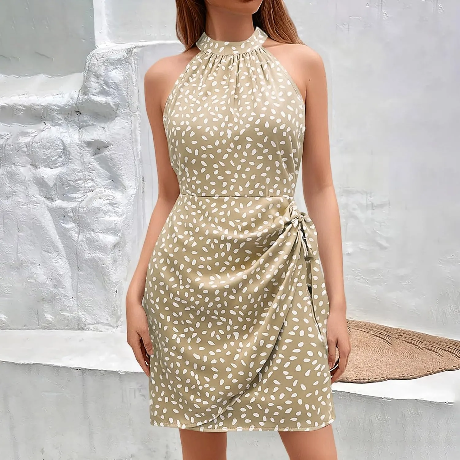 Women's Summer Casual Sundress Halter Neck Floral Summer Tie Waist Casual Dress Zipper Back Vacation Beach Dresses