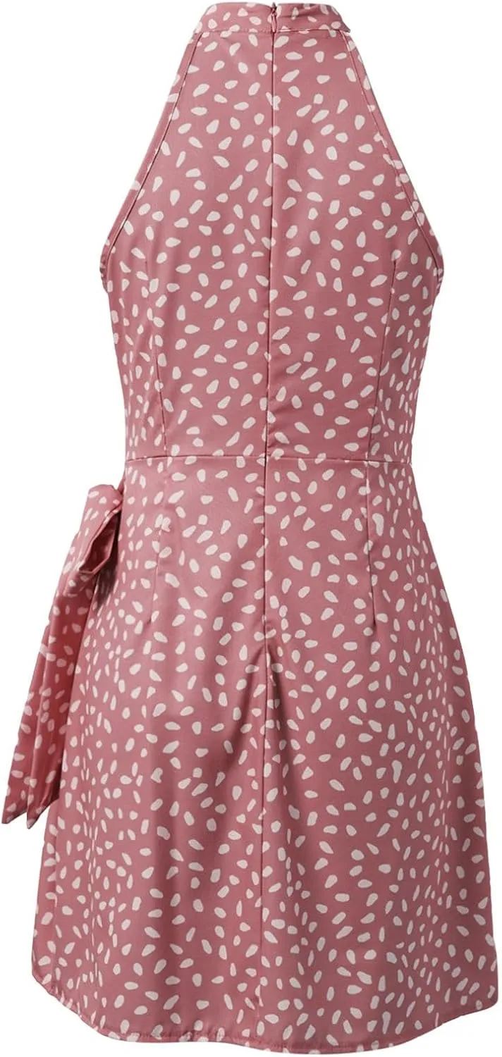 Women's Summer Casual Sundress Halter Neck Floral Summer Tie Waist Casual Dress Zipper Back Vacation Beach Dresses