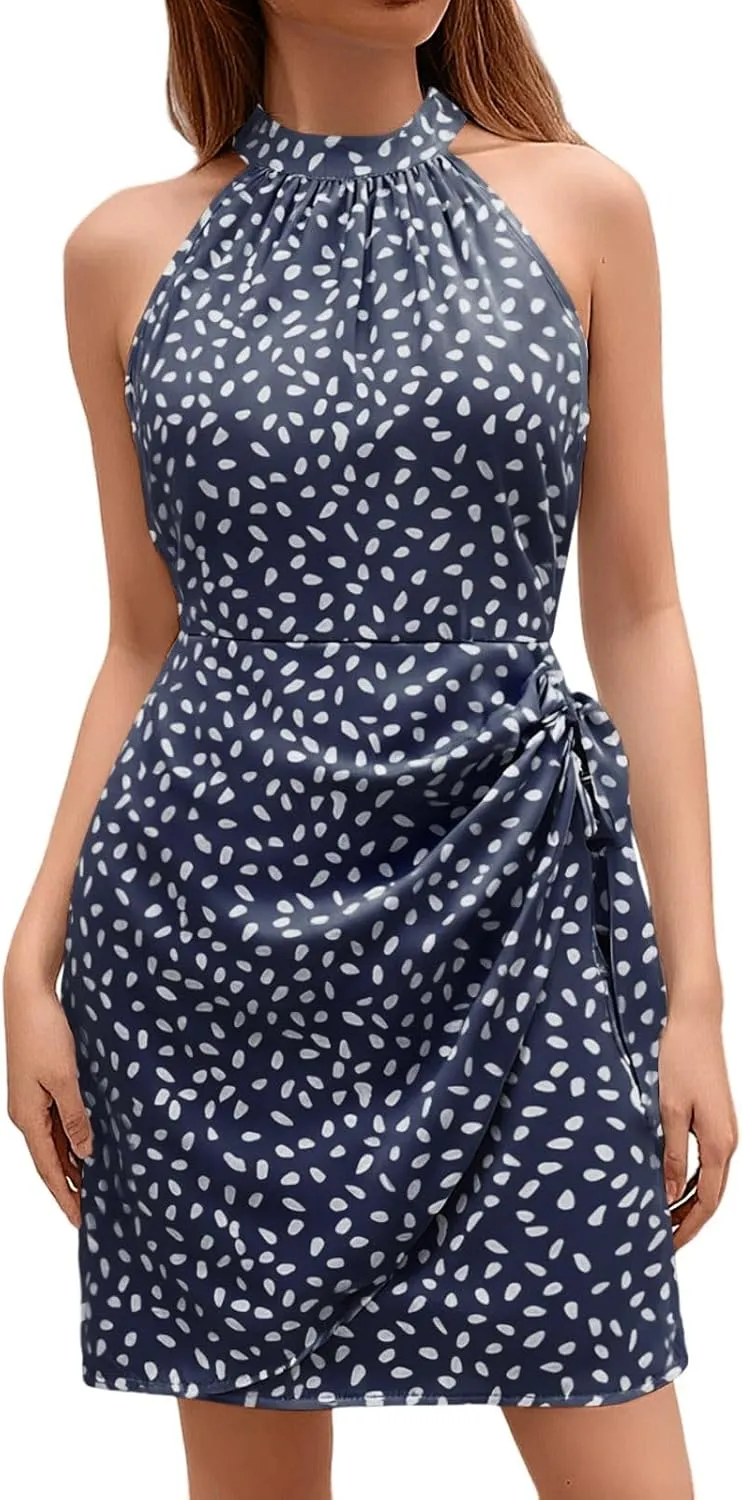 Women's Summer Casual Sundress Halter Neck Floral Summer Tie Waist Casual Dress Zipper Back Vacation Beach Dresses