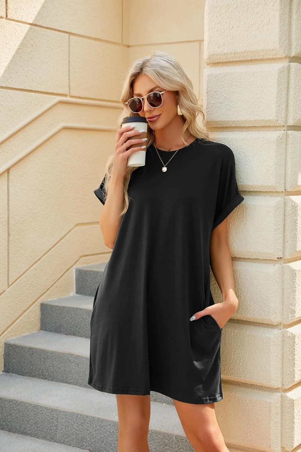 Women's Summer Casual T Shirt Dresses 2025 Short Sleeve Crewneck Loose Fit Mini Dress Beach Vacation Clothes with Pockets