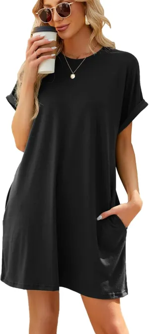 Women's Summer Casual T Shirt Dresses 2025 Short Sleeve Crewneck Loose Fit Mini Dress Beach Vacation Clothes with Pockets