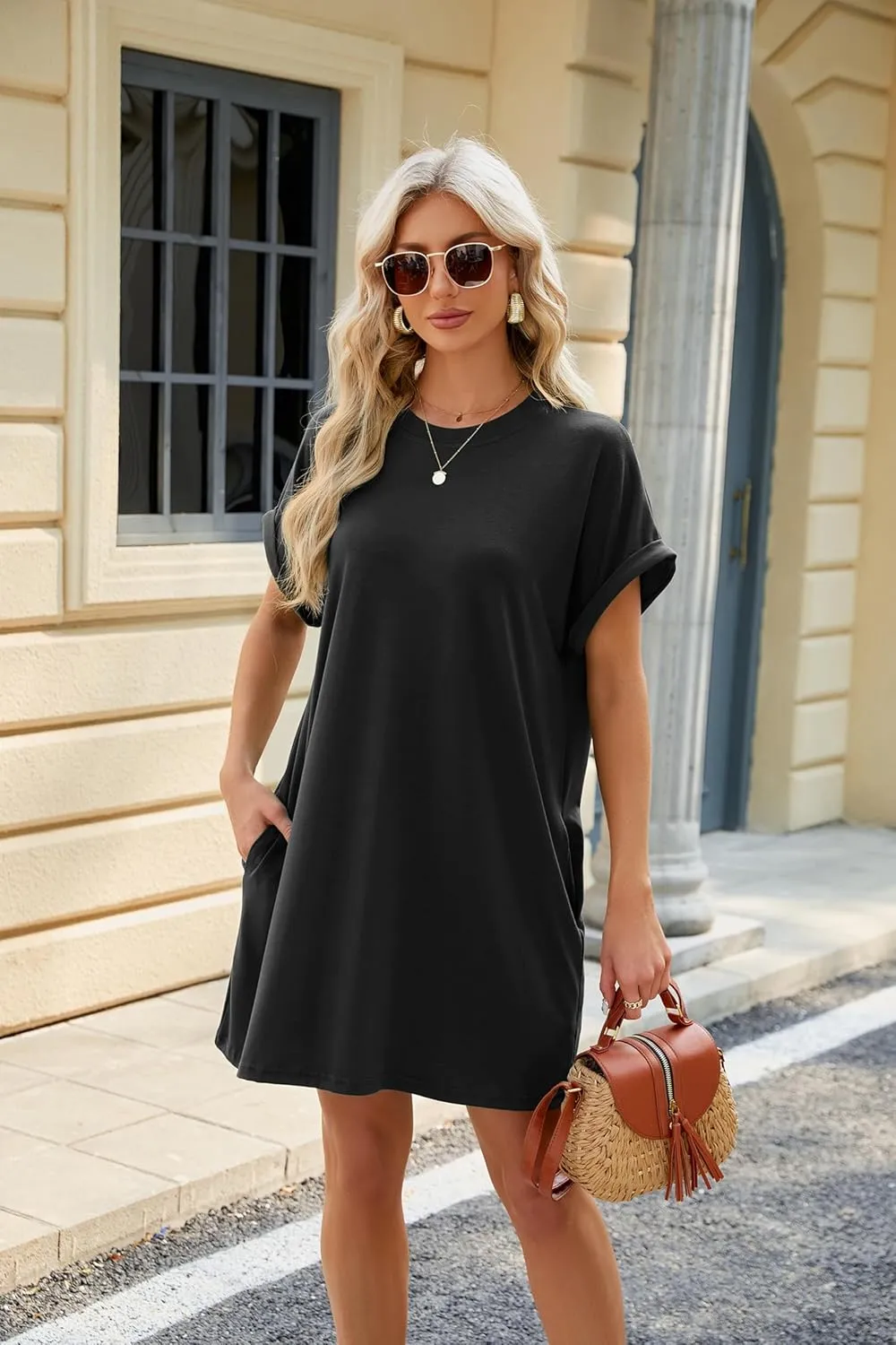 Women's Summer Casual T Shirt Dresses 2025 Short Sleeve Crewneck Loose Fit Mini Dress Beach Vacation Clothes with Pockets