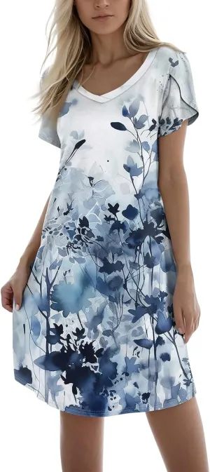 Women's Summer Dress Casual V Neck Short Sleeve Flowy Beach Loose Floral Tshirt Mini Dresses Casual, S-3XL
