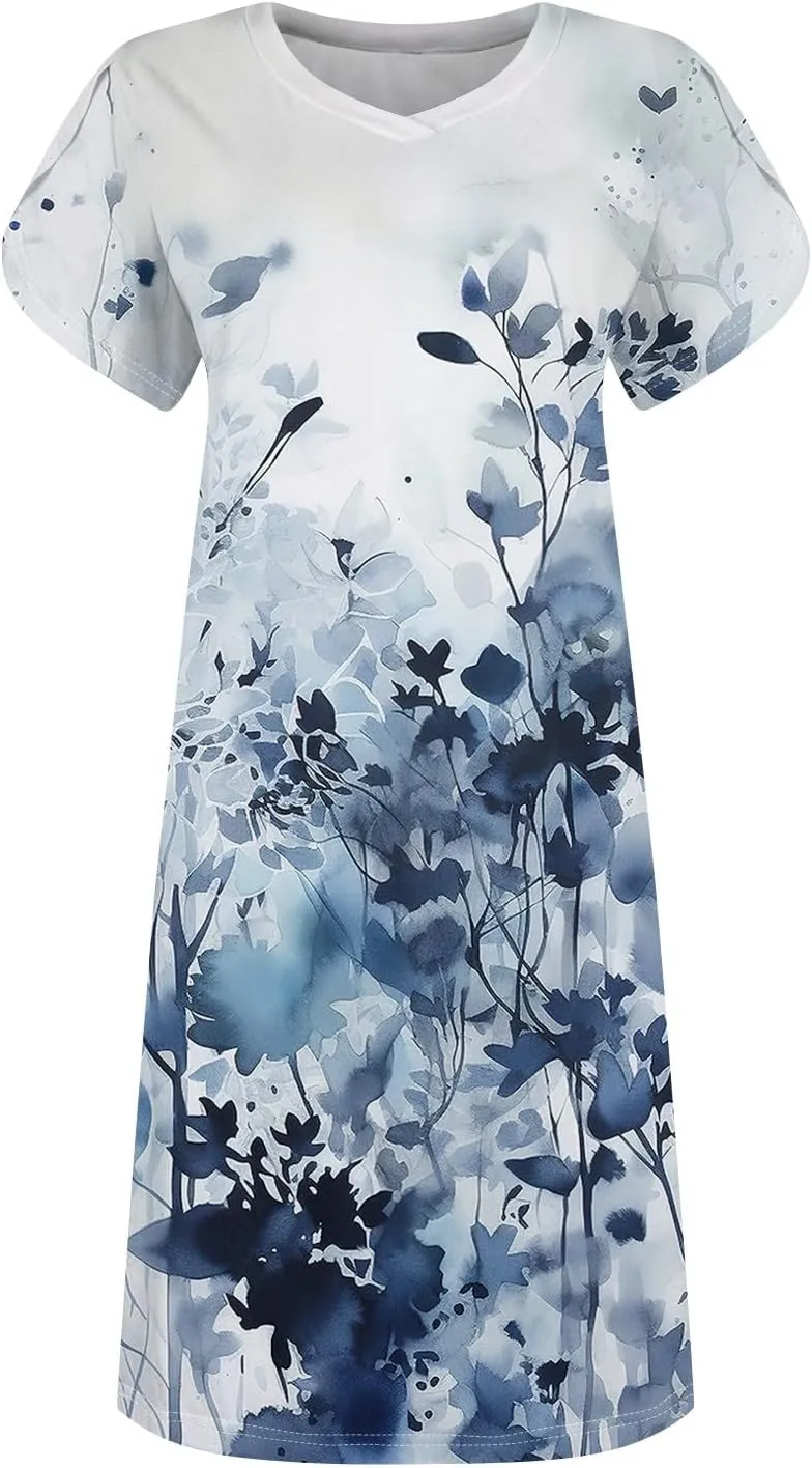 Women's Summer Dress Casual V Neck Short Sleeve Flowy Beach Loose Floral Tshirt Mini Dresses Casual, S-3XL