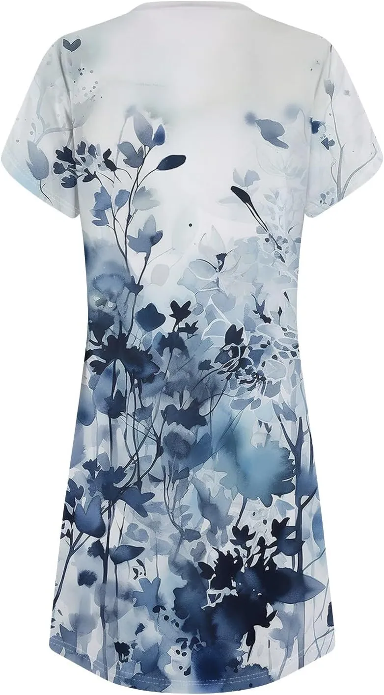 Women's Summer Dress Casual V Neck Short Sleeve Flowy Beach Loose Floral Tshirt Mini Dresses Casual, S-3XL