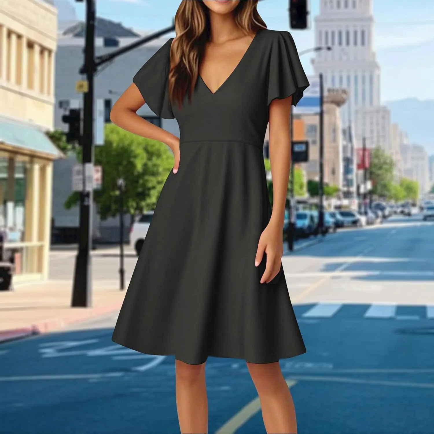 Women's Summer Dresses 2025 Casual V Neck Ruffle Sleeve Midi Casual Elegant Petite Dresses